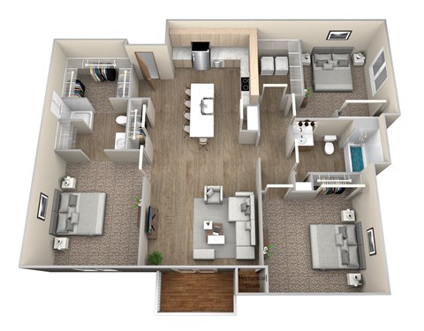Floor plan for 3 beds, 2 baths, 1406 sqft